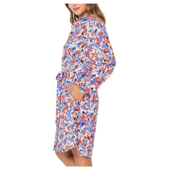 Well Worn Women's White, Blue, Red & Black Viscose Button Down Long Sleeve Dress - Picture 6 of 16